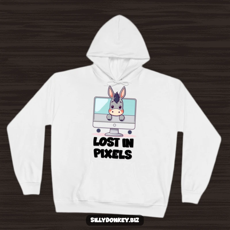 Funny hoodie featuring a kawaii donkey character peeking over a large computer monitor, perfect for gamers and tech enthusiasts who enjoy humor.