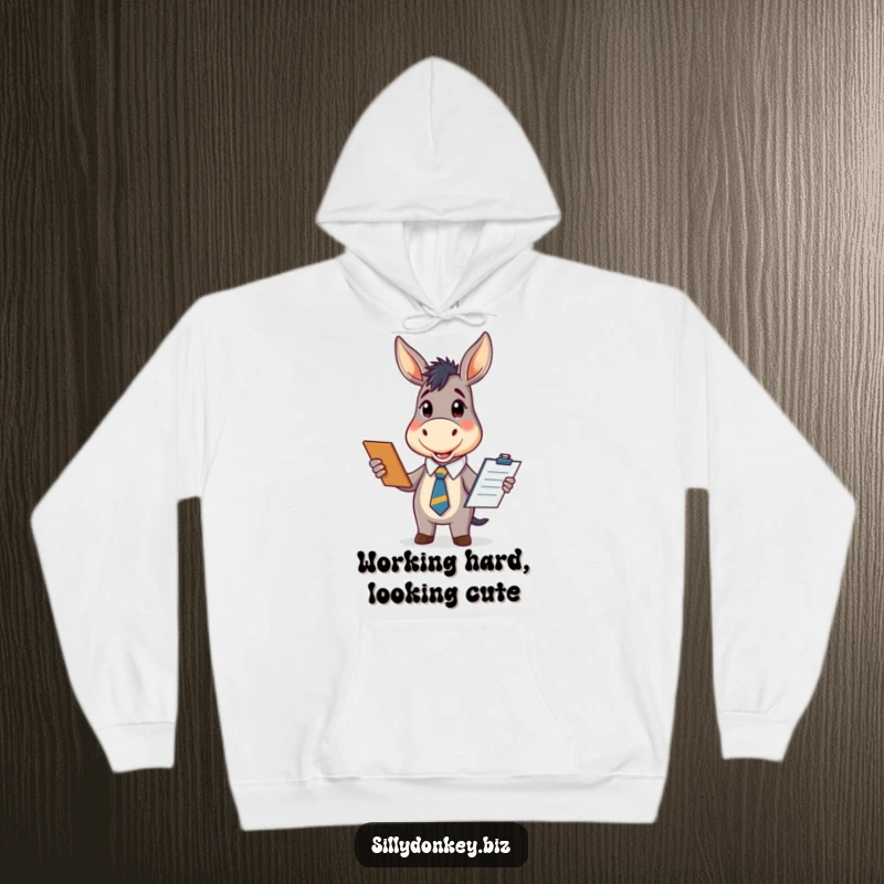 Funny hoodie featuring a kawaii donkey in an office tie, enthusiastically holding a clipboard, offering cozy comfort and a funny vibe.