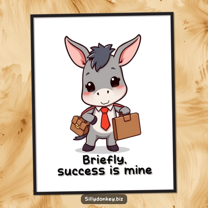 Funny Free Printable Wall Art: Kawaii donkey in a tie, struggling with a bulging briefcase, a humorous depiction of office life.