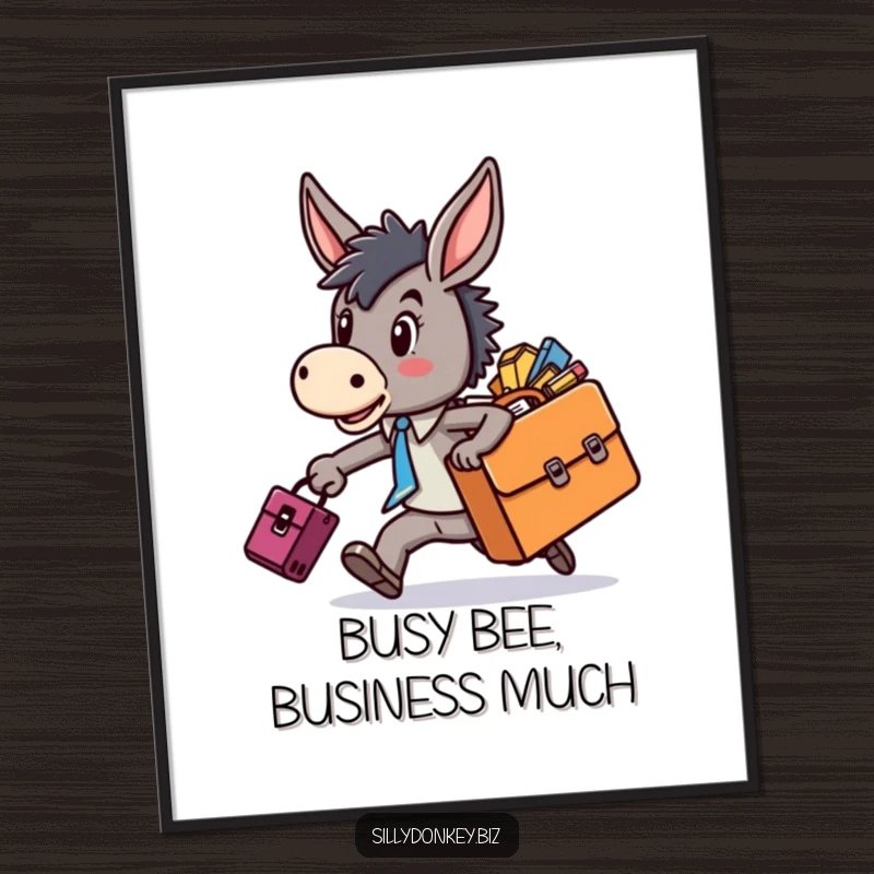 Funny Free Printable Wall Art: kawaii donkey character rushing with an overflowing briefcase, conveying busy, humorous energy.