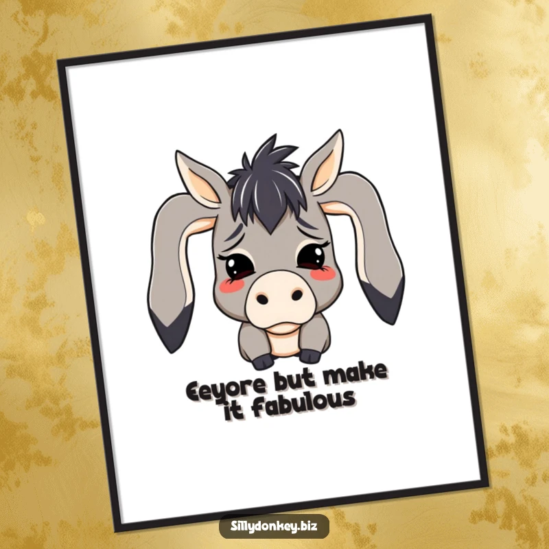 Funny Free Printable Wall Art: kawaii donkey character with ears flopped over in mock despair, a humorous depiction of relatable struggle.