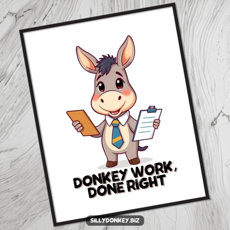 Funny Free Printable Wall Art: Kawaii donkey wearing an office tie, enthusiastically holding a clipboard, cute desk decor.
