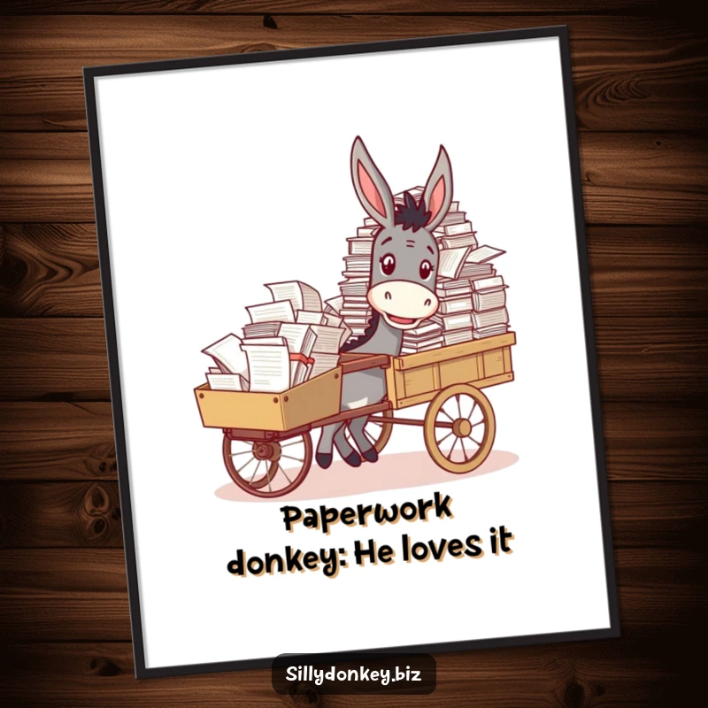Funny Free Printable Wall Art: Donkey Cheerfully Pushing a Cart Packed with Documents, Humorous Workspace Decor.