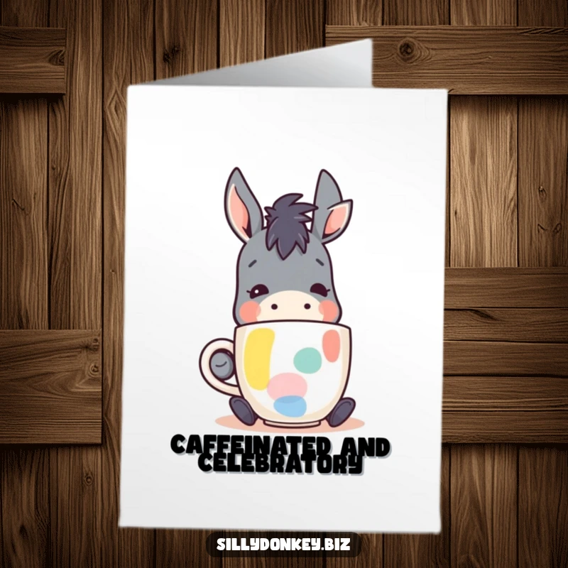 Funny Free Printable Birthday Card: kawaii donkey character happily sipping from an abstract coffee mug, conveying relaxed joy.