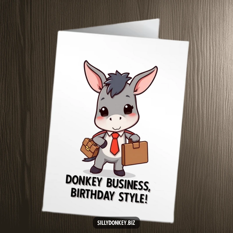 Funny Free Printable Birthday Card: Kawaii donkey in a tie, overloaded with a bulging briefcase, looking stressed but ready to party.
