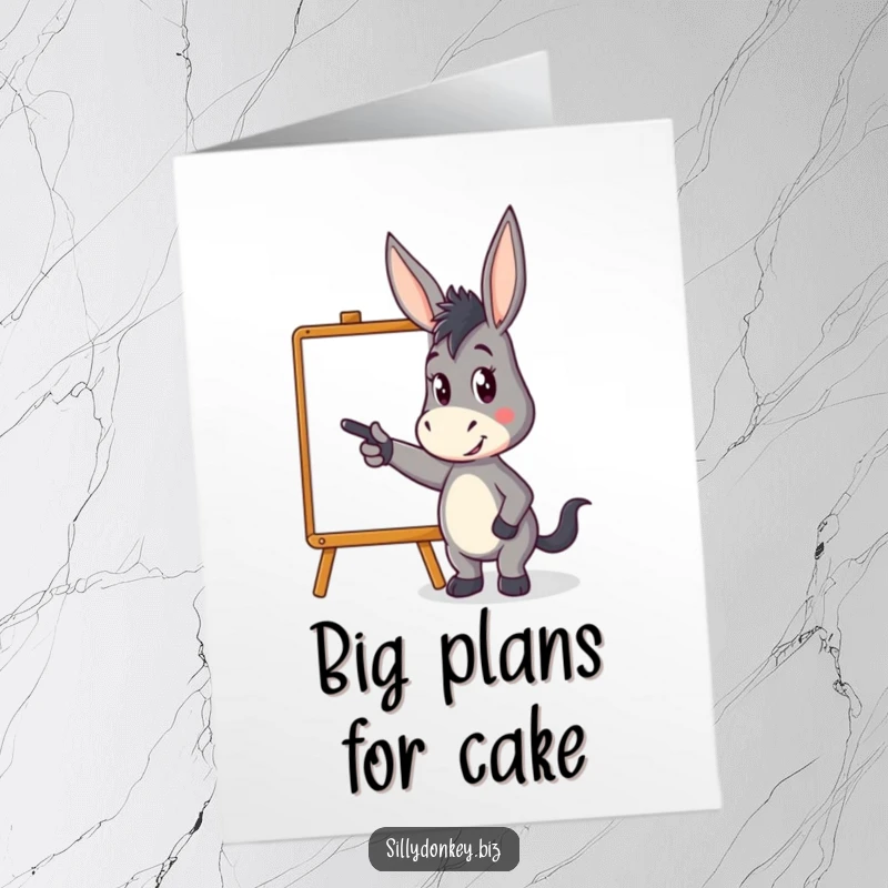 Funny Free Printable Birthday Card: kawaii donkey character pointing energetically at a stylized whiteboard, sharing exciting birthday plans.