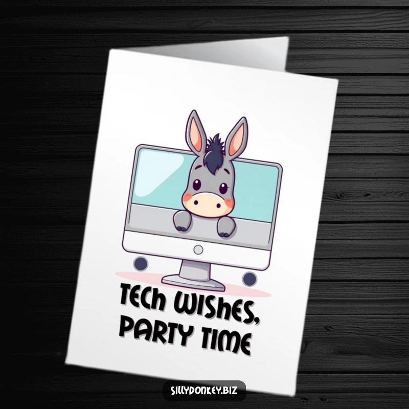 Funny Free Printable Birthday Card: kawaii donkey character peeking over a large computer monitor, wishing happy birthday secretly.