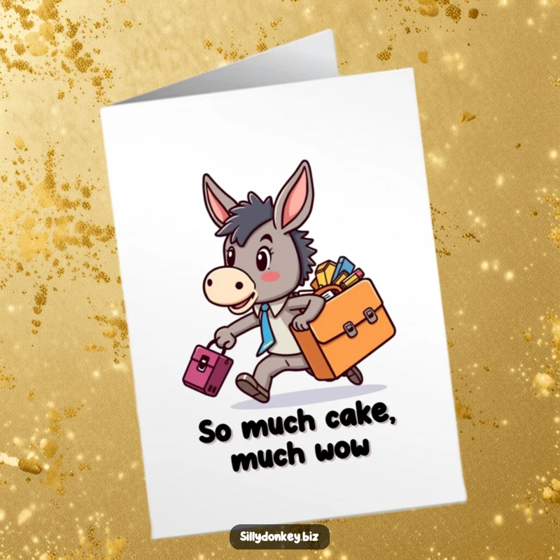 Funny Free Printable Birthday Card of a kawaii donkey character rushing with an overflowing briefcase, conveying hilarious urgency.