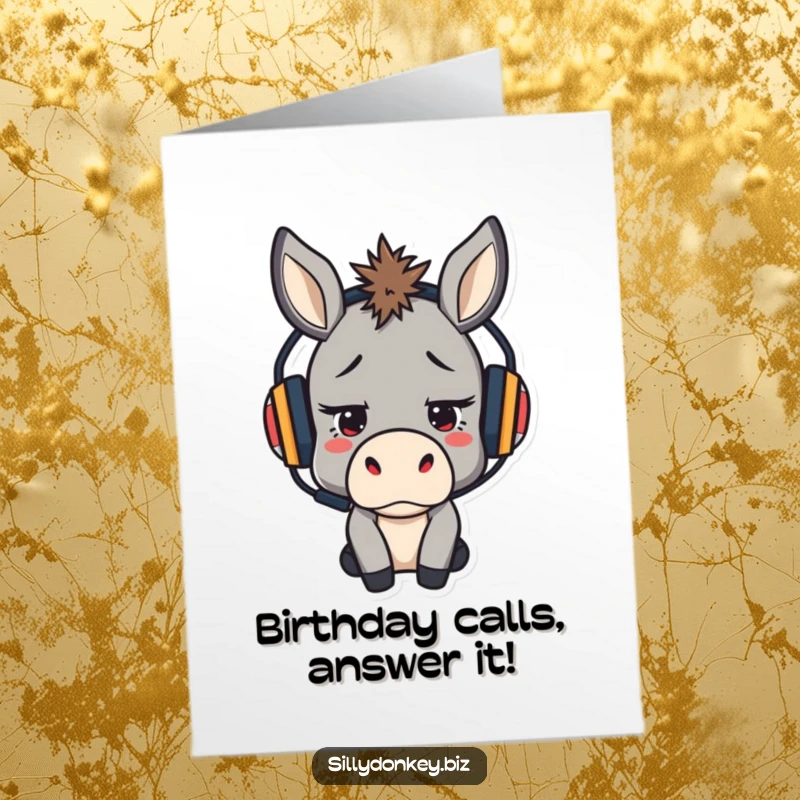 Funny Free Printable Birthday Card: Kawaii donkey wearing a headset, looking stressed but determined, ready to tackle any task.