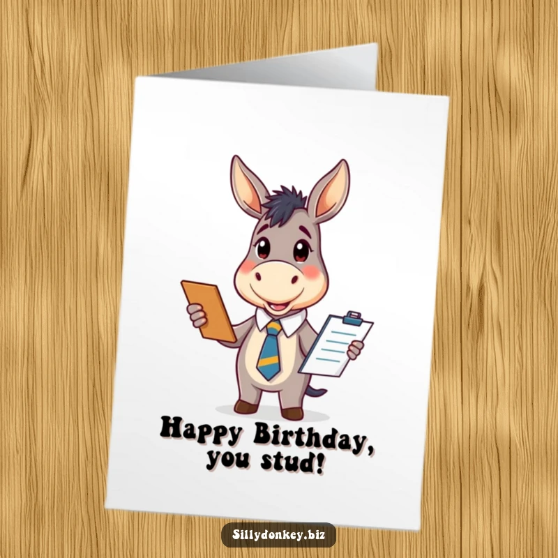 Funny Free Printable Birthday Card: Kawaii donkey in office tie, holding clipboard enthusiastically, perfect for a bossy birthday.