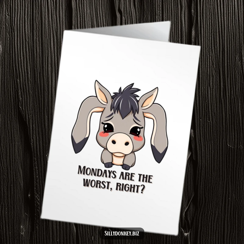 Funny Free Printable Birthday Card: kawaii donkey character with ears flopped over in mock despair, humorously relatable.