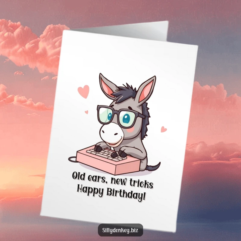 Funny Free Printable Birthday Card: Donkey in Spectacles Rapidly Typing on a Tiny Keyboard, Hilarious Office Humor Download.
