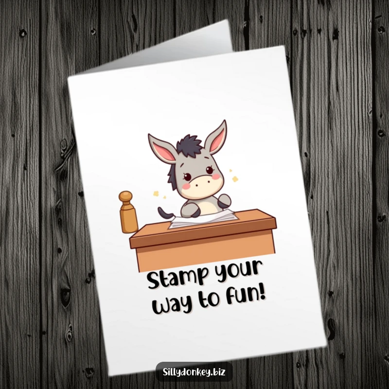 Funny Free Printable Birthday Card: Kawaii donkey happily stamping papers with its hoof, radiating pure joy and efficiency.