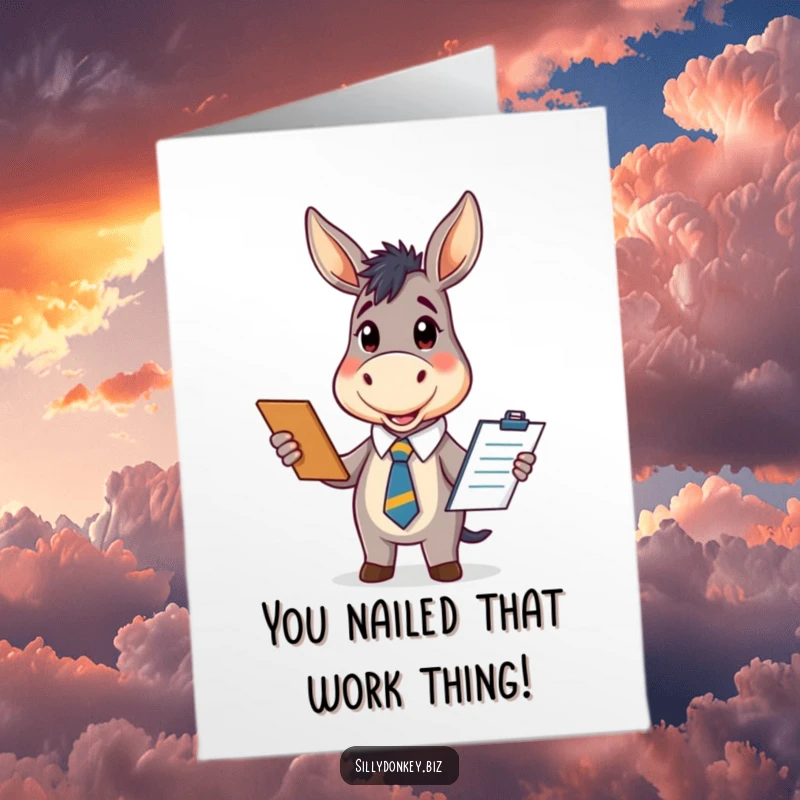 Cute Free Printable Congratulations Card: Kawaii donkey in office tie, enthusiastically holding clipboard, celebrating success.