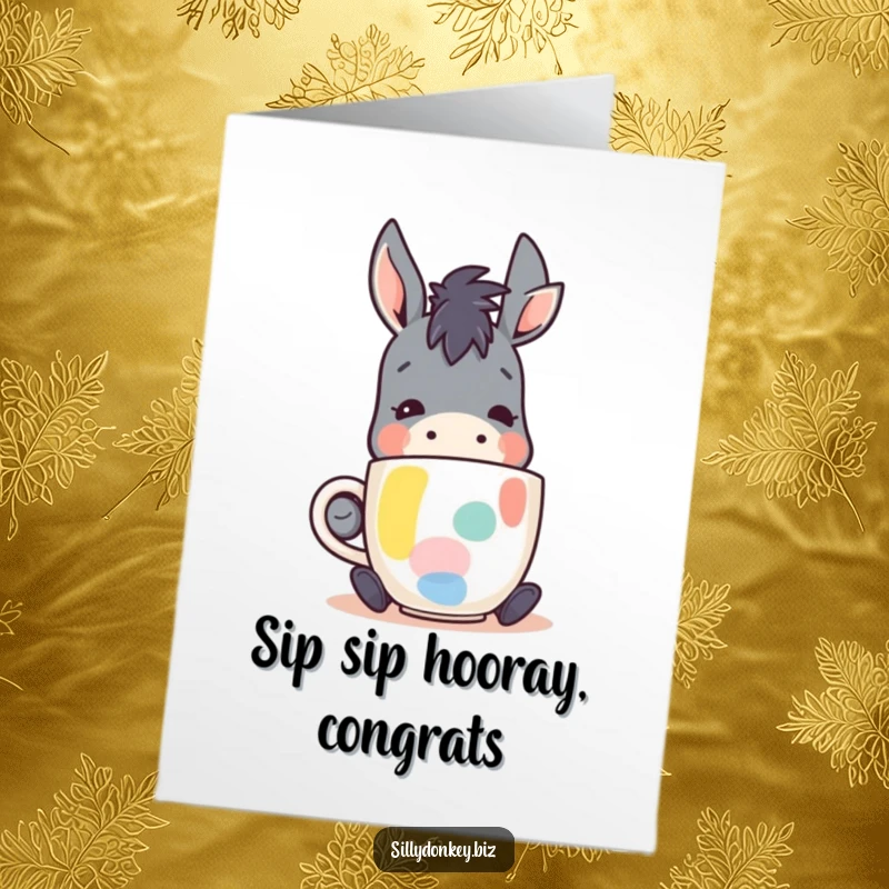 Funny Free Printable Congratulations Card: kawaii donkey character happily sipping from an abstract coffee mug, celebrating with a warm drink.