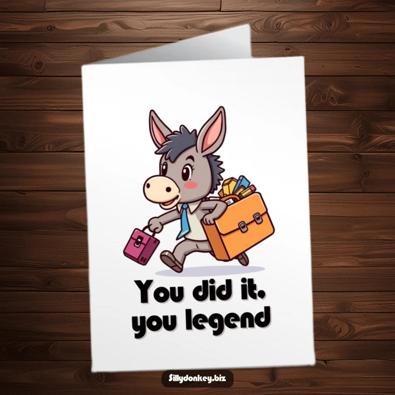 Funny Free Printable Congratulations Card: kawaii donkey character rushing with an overflowing briefcase, celebrating success with humor.