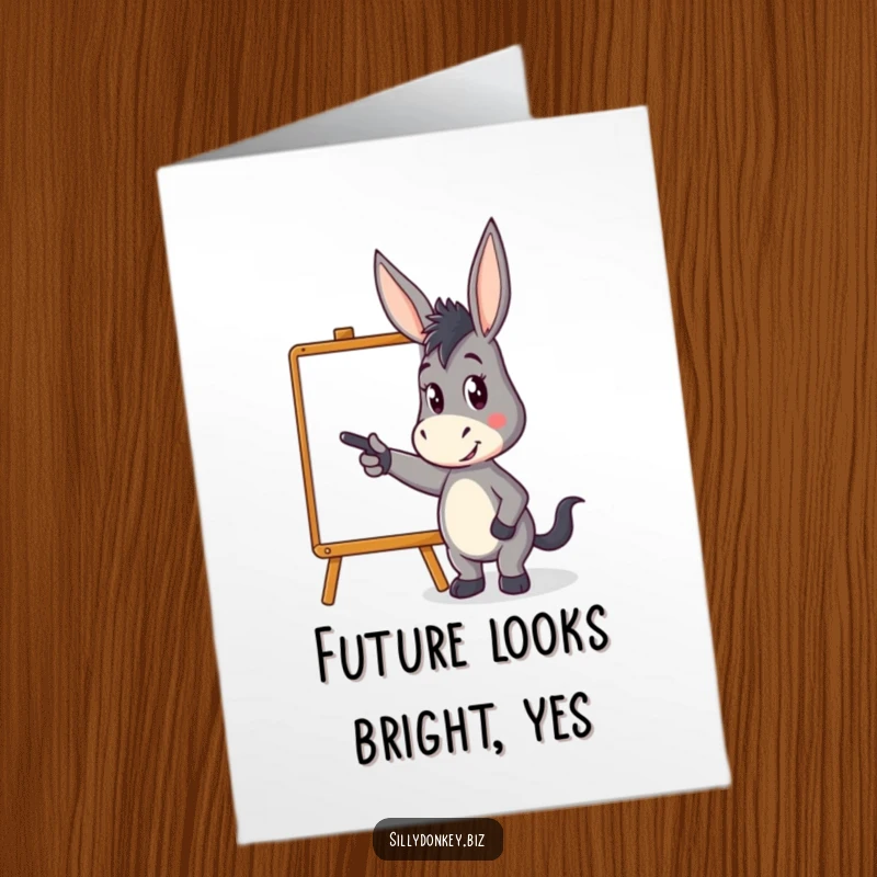 Funny Free Printable Congratulations Card: kawaii donkey character pointing energetically at a stylized whiteboard, presenting achievements with flair.