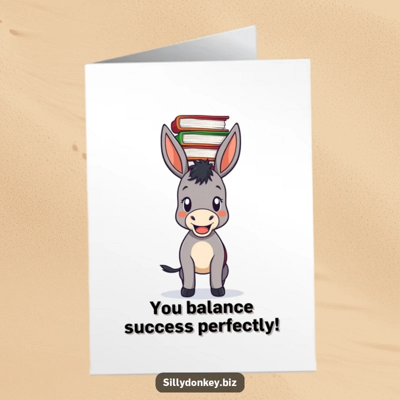 Funny Free Printable Congratulations Card: Donkey Smugly Balancing a Precarious Pile of Documents on its Head, Success Humor Download.