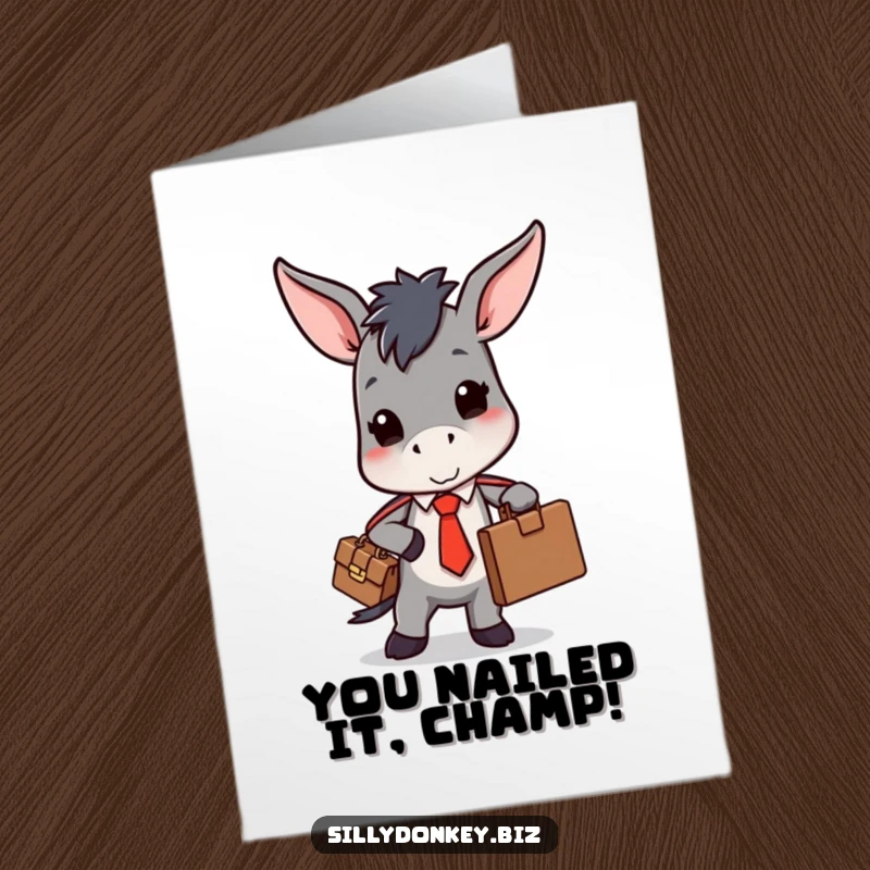 Funny Free Printable Congratulations Card: Kawaii donkey in a tie, struggling with a bulging briefcase, symbolizing hard work paying off.