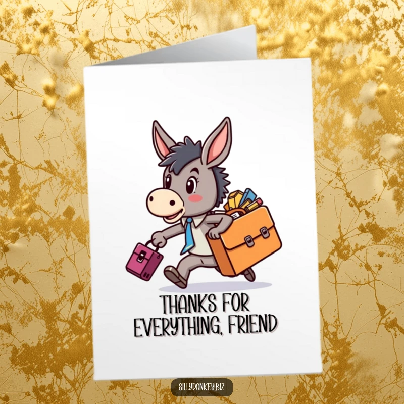 Funny Free Printable Thank You Card: kawaii donkey character rushing with an overflowing briefcase, showing busy gratitude.