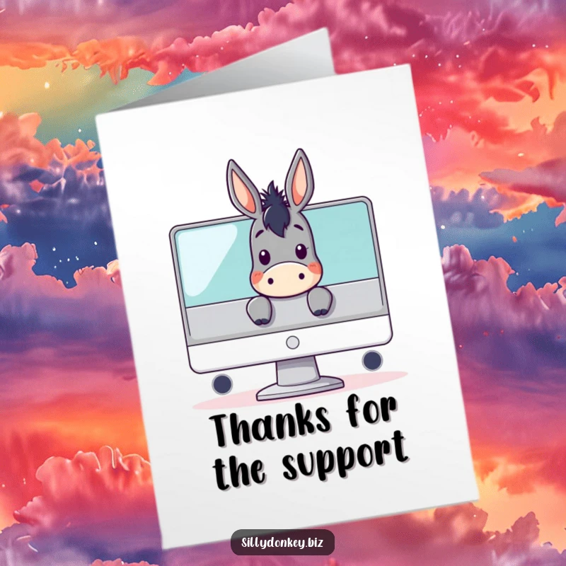 Funny Free Printable Thank You Card: kawaii donkey character peeking over a large computer monitor, offering thanks from the digital realm.