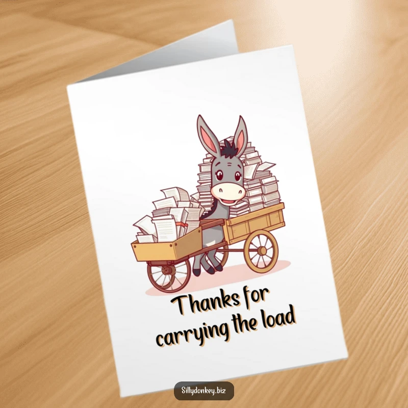 Funny Free Printable Thank You Card: Smiling Donkey Pushing a Cart Overflowing with Papers, Humorous Thanks Download.
