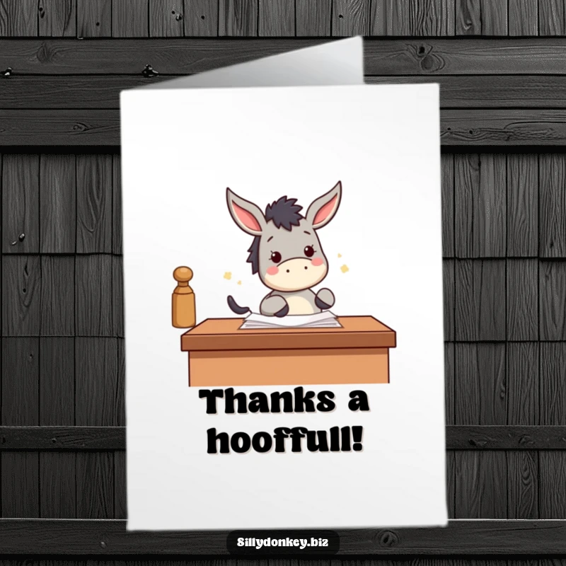Funny Free Printable Thank You Card: Kawaii donkey enthusiastically stamping papers with its hoof, conveying sincere appreciation.