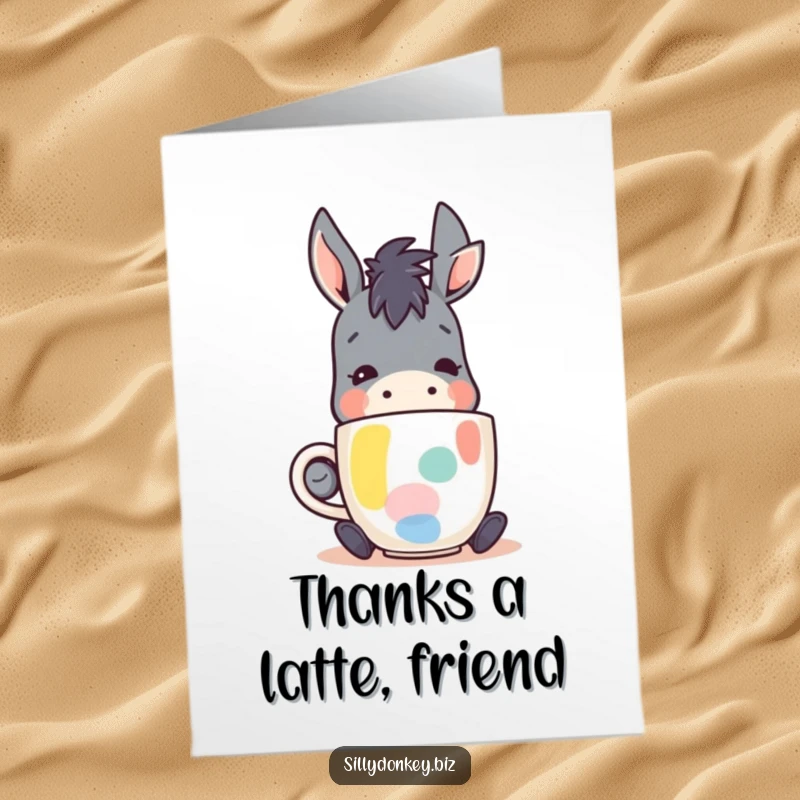 Funny Free Printable Thank You Card: kawaii donkey character happily sipping from an abstract coffee mug, offering thanks with a calm vibe.