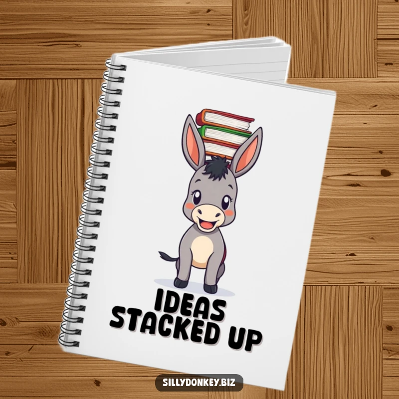 Funny notebook cover of a pleased donkey balancing a large stack of files on its head, great for notes.