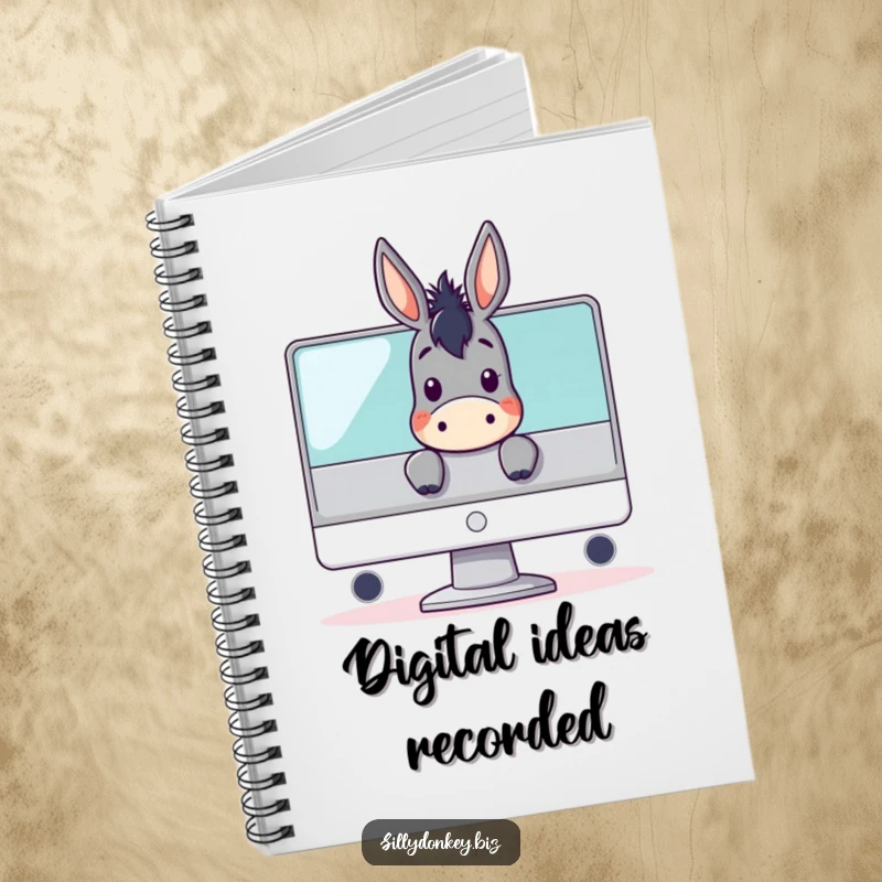 Funny notebook with a kawaii donkey character peeking over a computer monitor, perfect for note-taking and tech-themed humor.