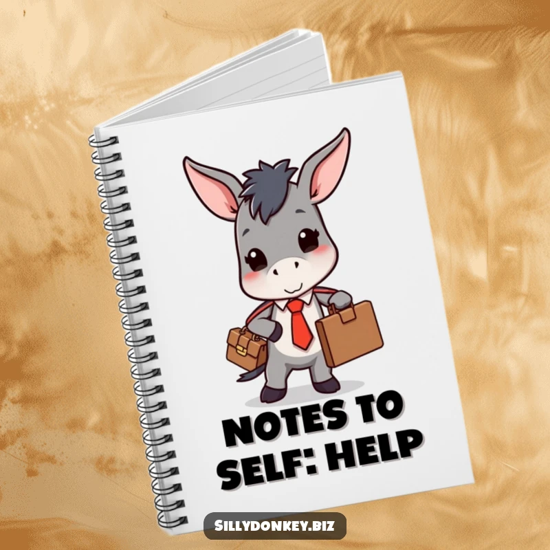 Funny notebook with a kawaii donkey in a tie, struggling with a bulging briefcase, perfect for work notes.