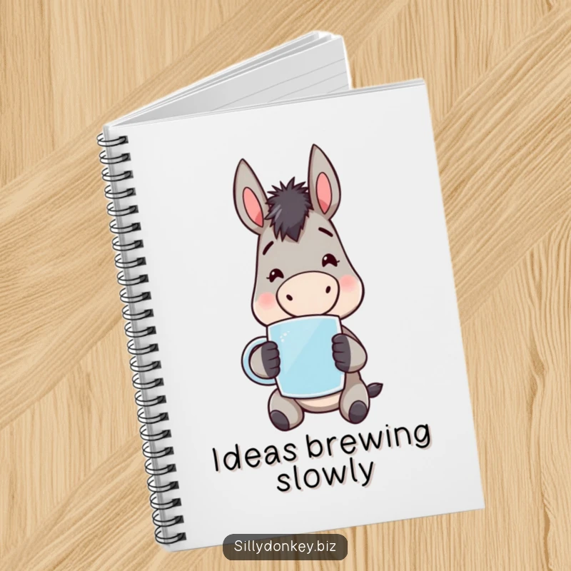 Funny kawaii donkey character holding a mug, looking weary but cheerful, on the cover of a notebook. Humorous stationery.