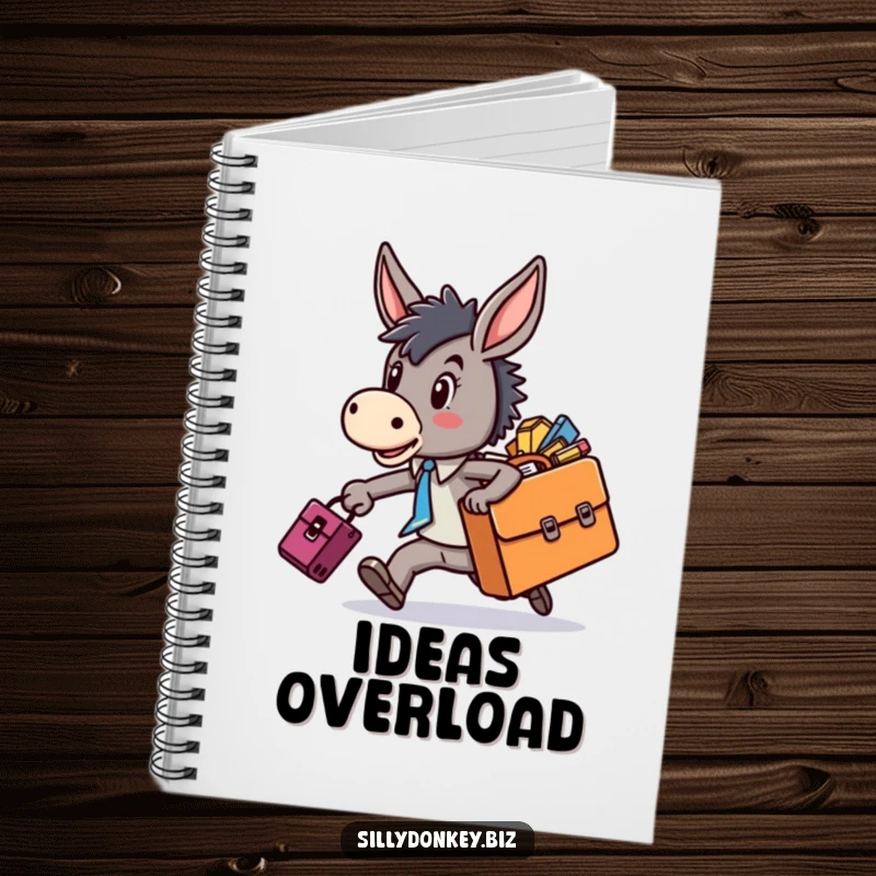 Funny notebook with a kawaii donkey character rushing with a briefcase, perfect for capturing ideas and adding humor to note-taking.