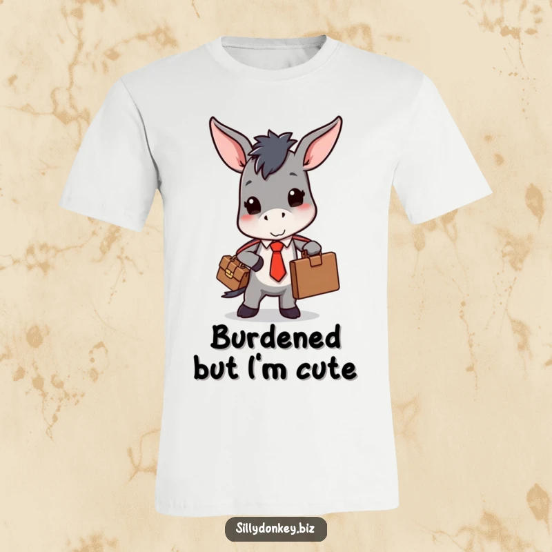 Funny t-shirt with a cute, stressed kawaii donkey in a tie, overloaded with a bulging briefcase, for office humor.