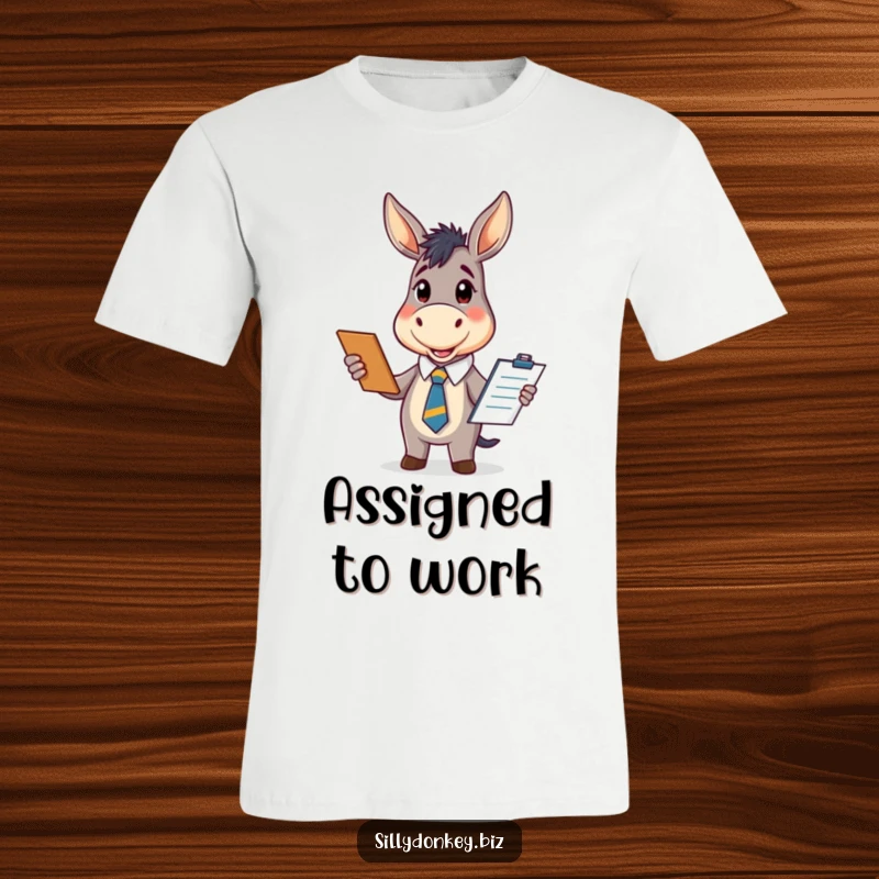 Funny t-shirt with a kawaii donkey in an office tie, enthusiastically holding a clipboard, perfect for a cute and funny wearable gift.