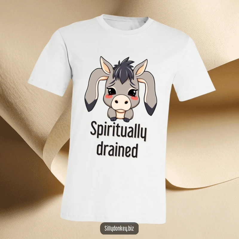 Funny t-shirt graphic of a kawaii donkey with ears completely flopped down in exaggerated, humorous despair, perfect for expressing a mood.