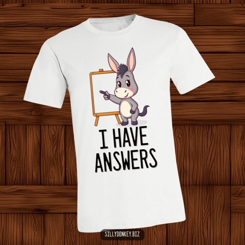 Funny t-shirt graphic of a kawaii donkey pointing dynamically at a whiteboard, symbolizing presentation, brainstorming, and humorous communication.