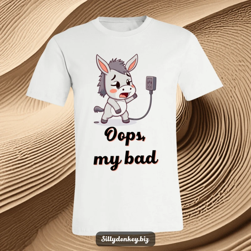 Funny t-shirt with a cute, startled kawaii donkey tripping over a power cord, representing comical accidents.