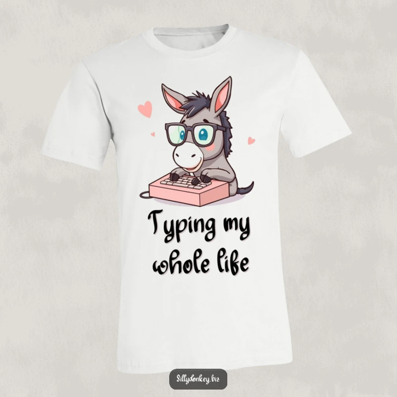 Funny donkey with large spectacles typing fast on a miniature keyboard, a humorous graphic tee for tech enthusiasts.