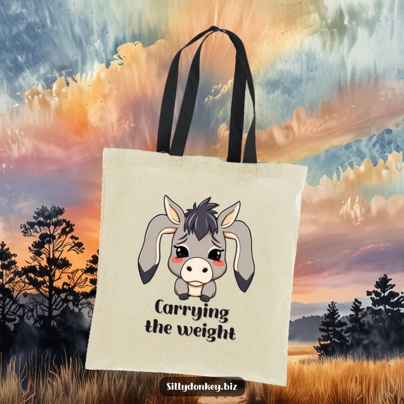 Funny tote bag with a kawaii donkey character dramatically displaying mock despair with floppy ears, great for everyday use and humor.