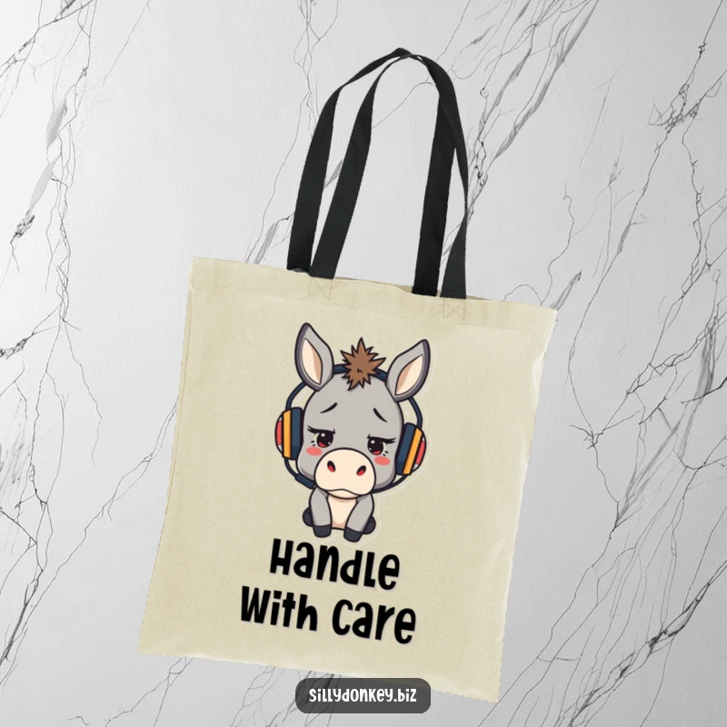 Funny tote bag with a stressed but determined kawaii donkey wearing a headset, ideal for carrying daily items.