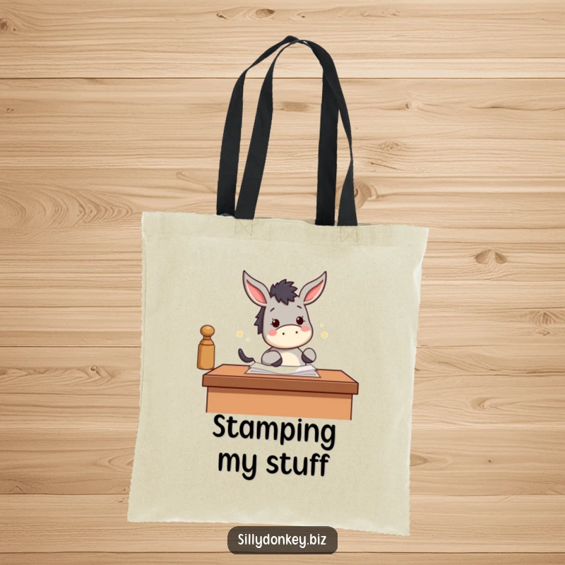 Funny tote bag with a kawaii donkey enthusiastically stamping papers with its hoof, perfect for organizing daily items.